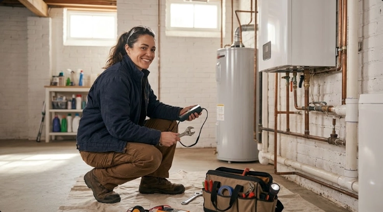 Plumber using a digital meter to test black iron gas piping connections and pressure in a utility area